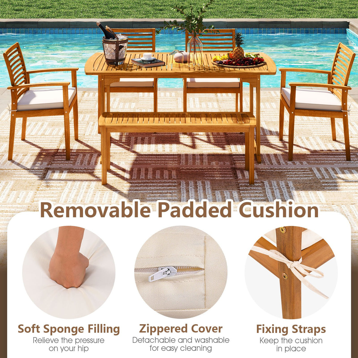 Acacia Wood 7-Piece Patio Dining Set with Umbrella Hole view 5