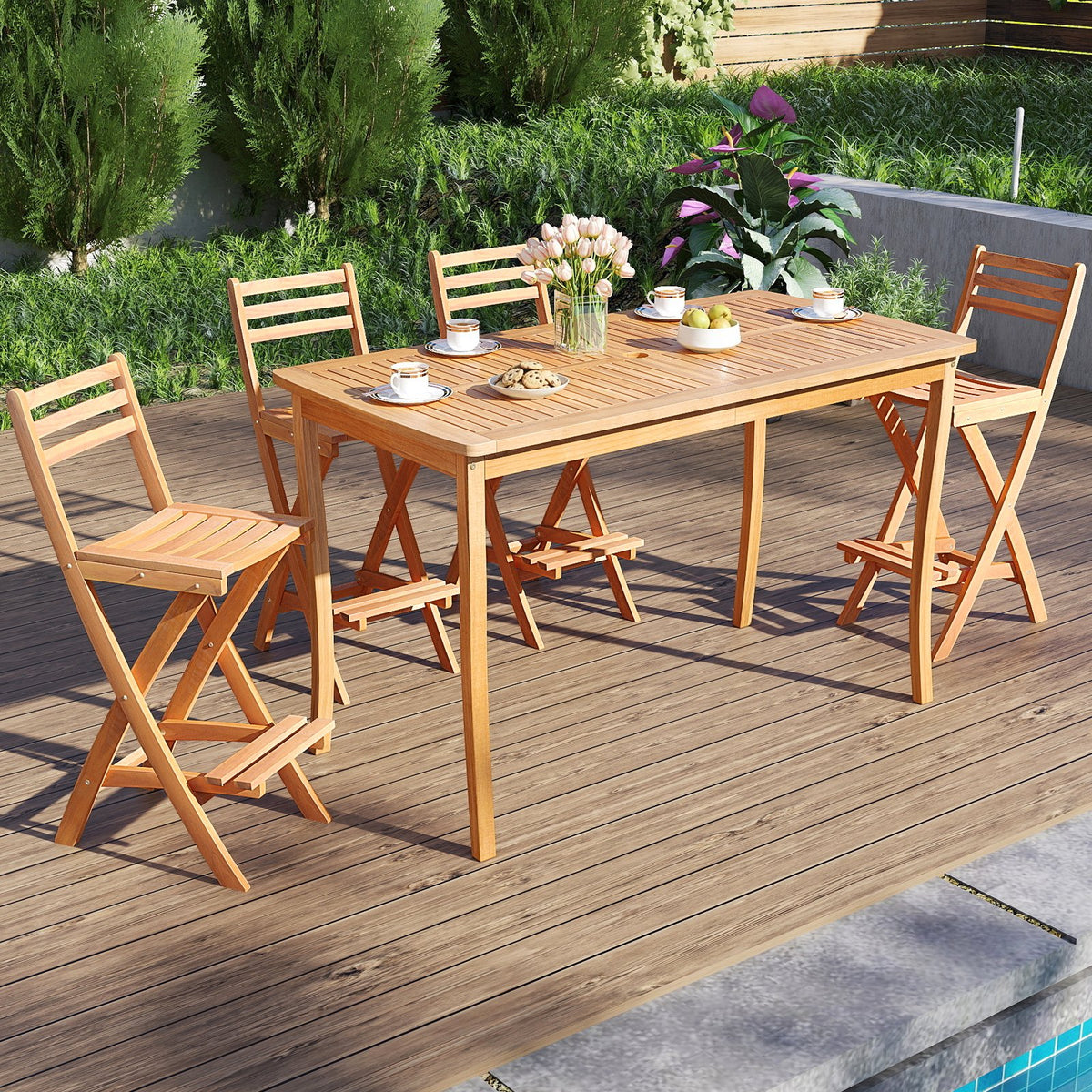Acacia Wood Bar Height Chair with Backrest and Footrest for Backyard-Set of 1 view 5