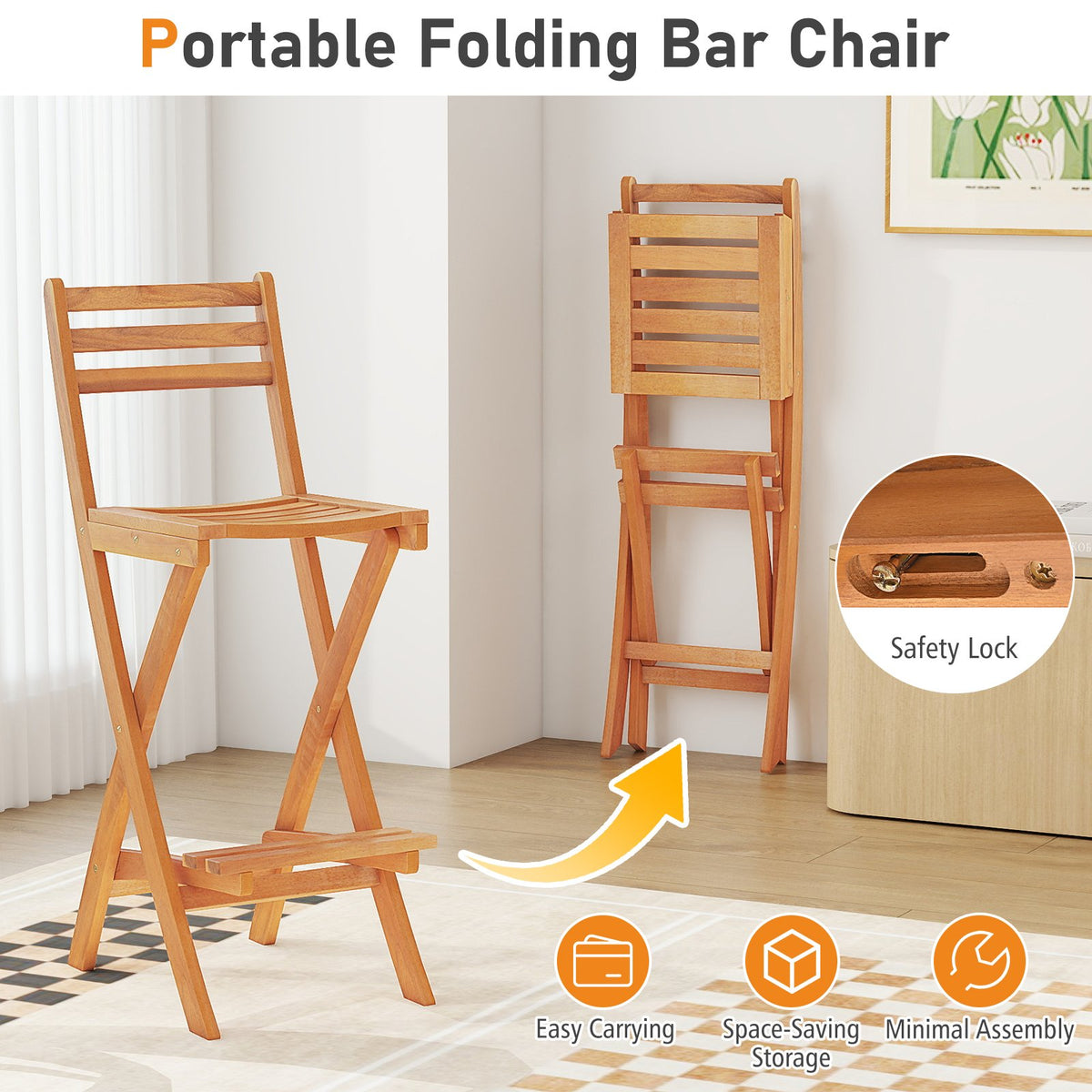Acacia Wood Bar Height Chair with Backrest and Footrest for Backyard-Set of 1 view 6