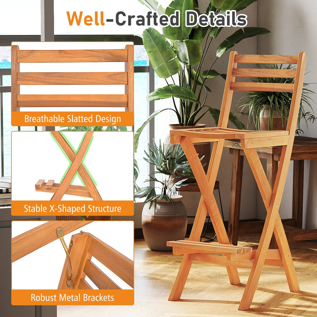Acacia Wood Bar Height Chair with Backrest and Footrest for Backyard-Set of 1 view 7