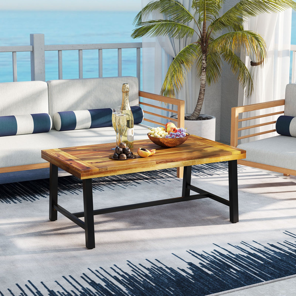 Acacia Wood Coffee Table with Thickened Top and Heavy-duty Metal Legs view 2