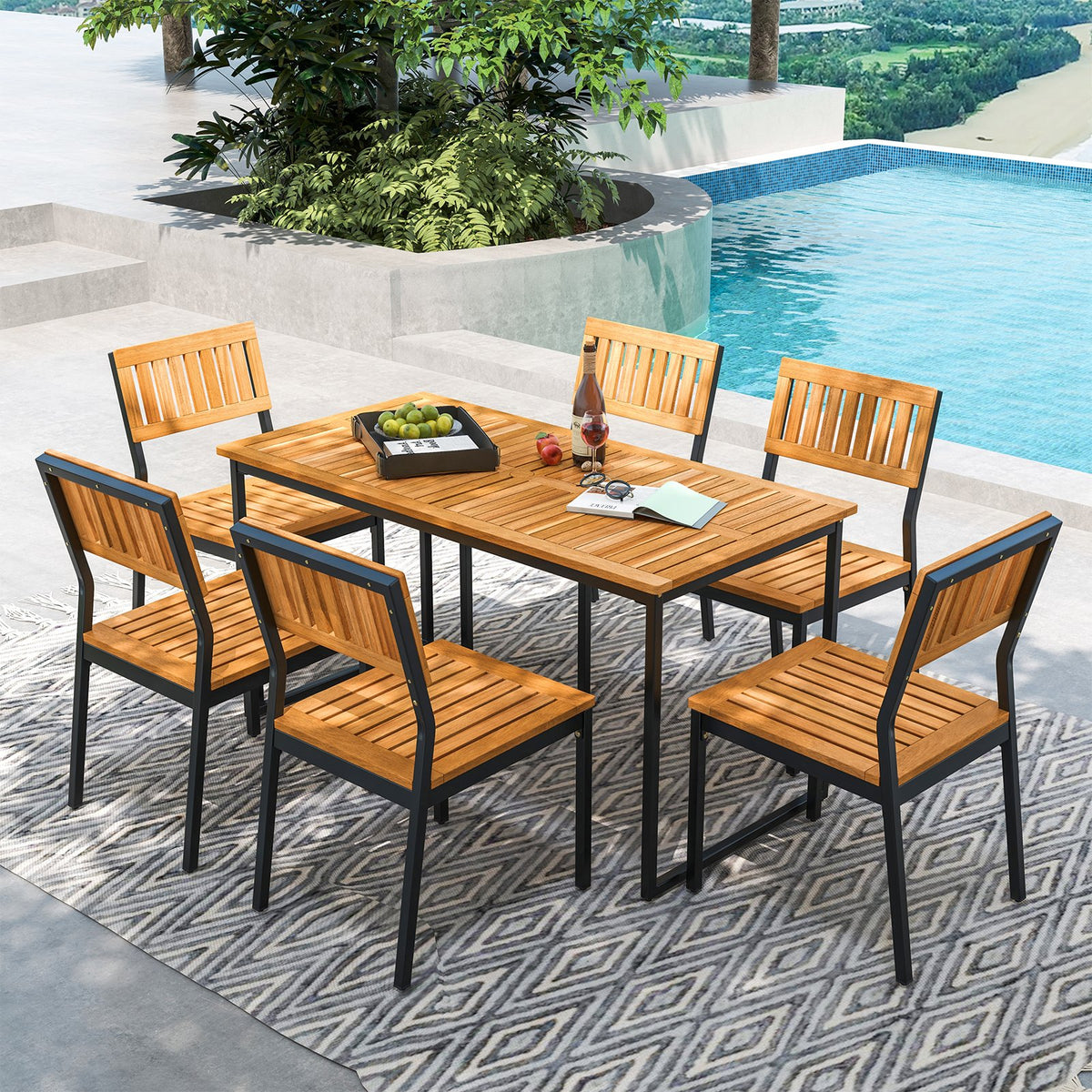 Acacia Wood Dining Table for 6 People with Slatted Tabletop and Umbrella Hole view 2