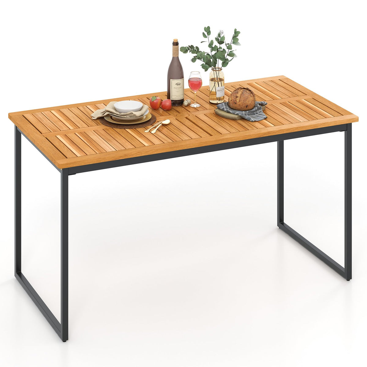 Acacia Wood Dining Table for 6 People with Slatted Tabletop and Umbrella Hole view 4