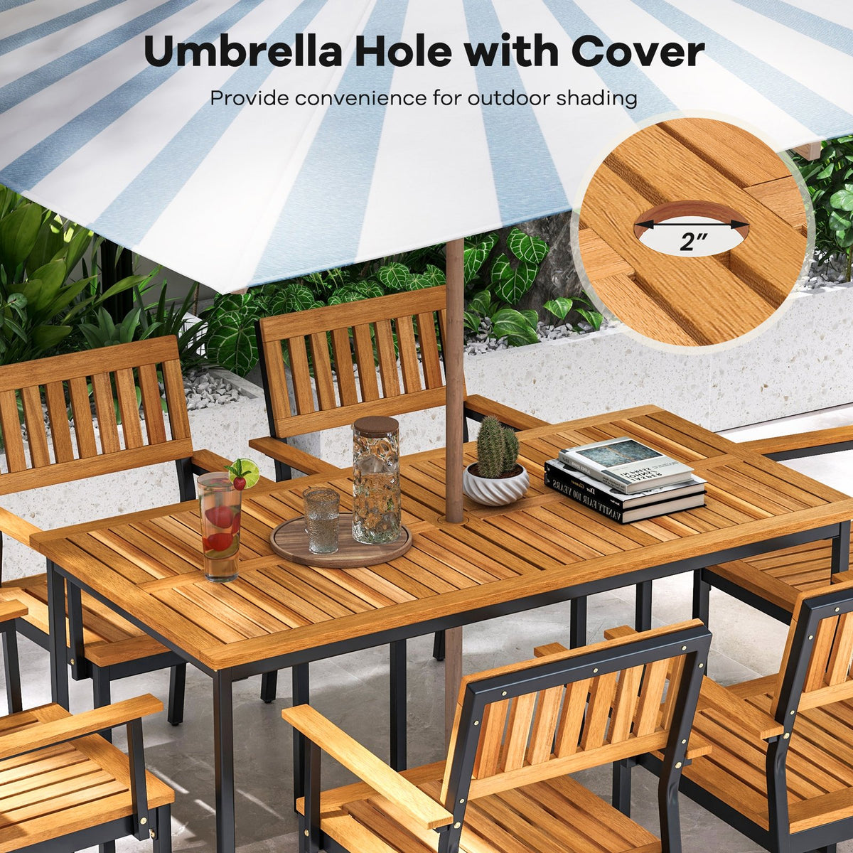 Acacia Wood Dining Table for 6 People with Slatted Tabletop and Umbrella Hole view 6