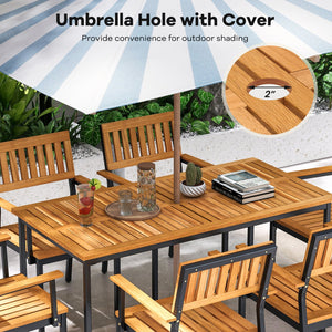 Acacia Wood Dining Table for 6 People with Slatted Tabletop and Umbrella Hole view 6