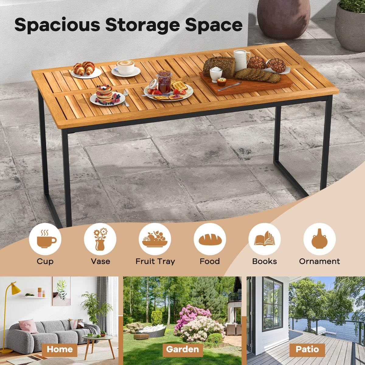 Acacia Wood Dining Table for 6 People with Slatted Tabletop and Umbrella Hole view 8