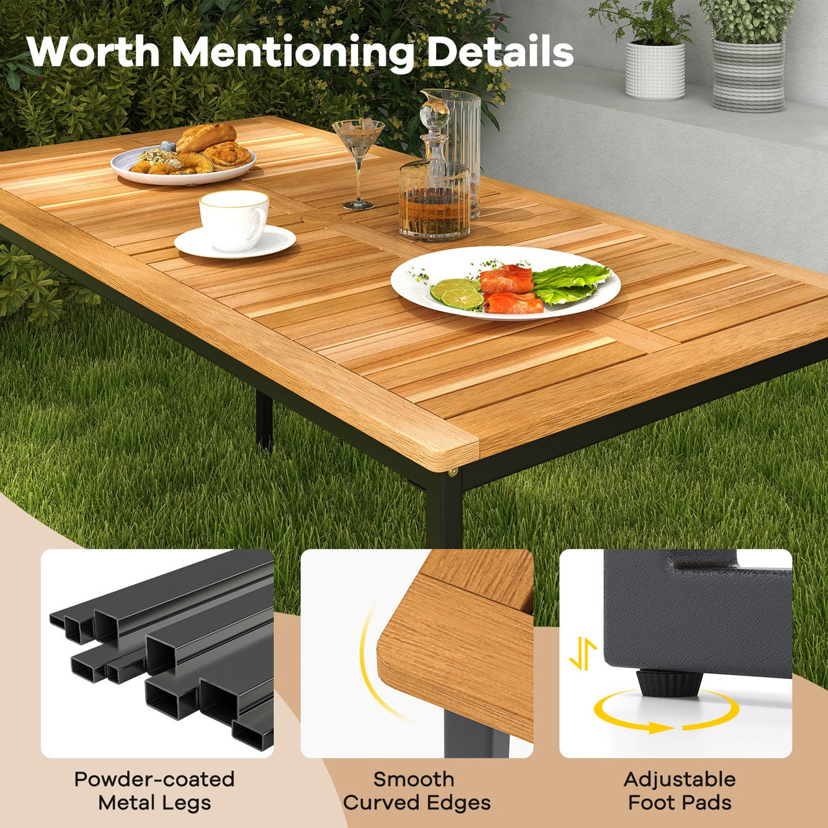 Acacia Wood Dining Table for 6 People with Slatted Tabletop and Umbrella Hole view 9