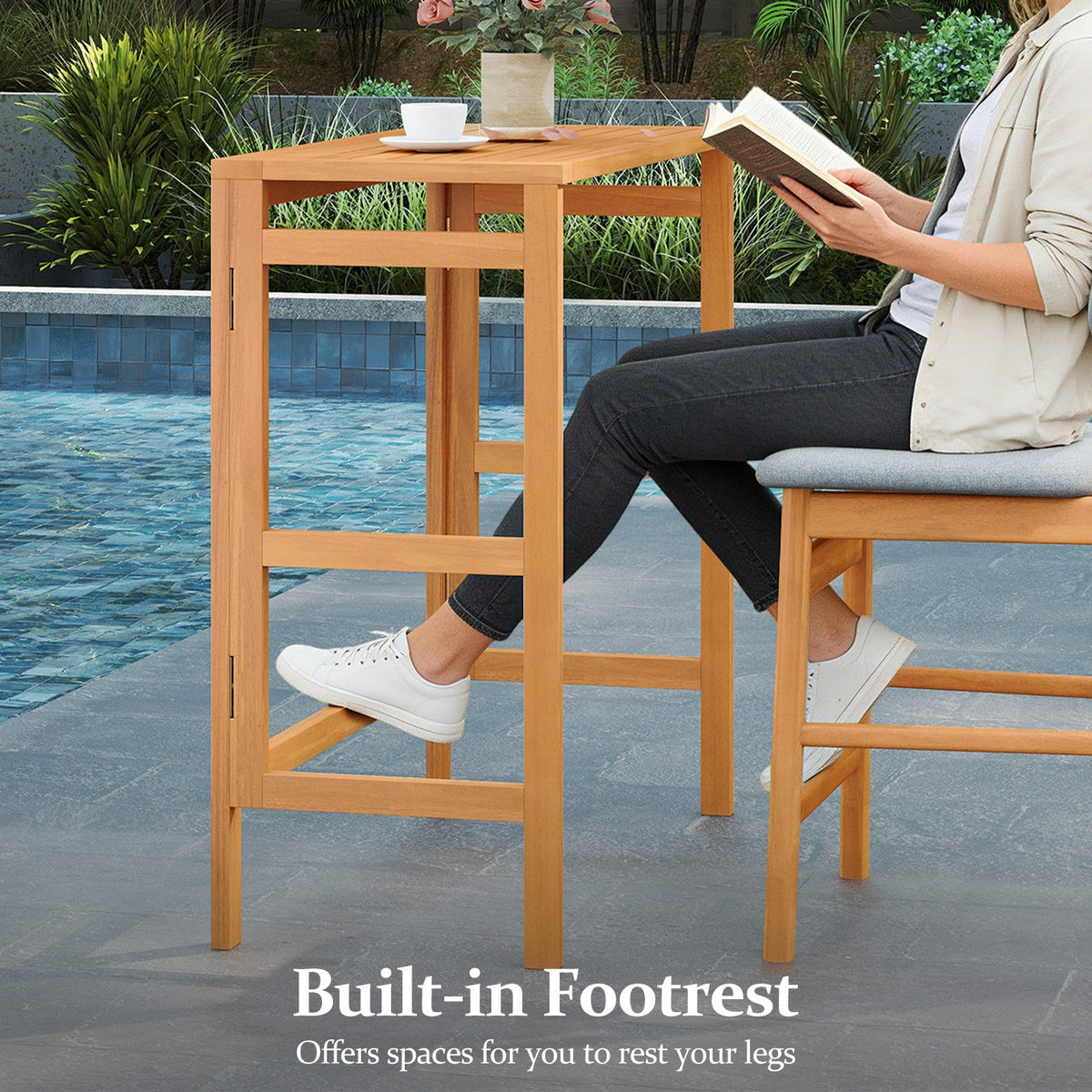Acacia Wood Outdoor Bar Table with Slatted Tabletop for Balcony view 7