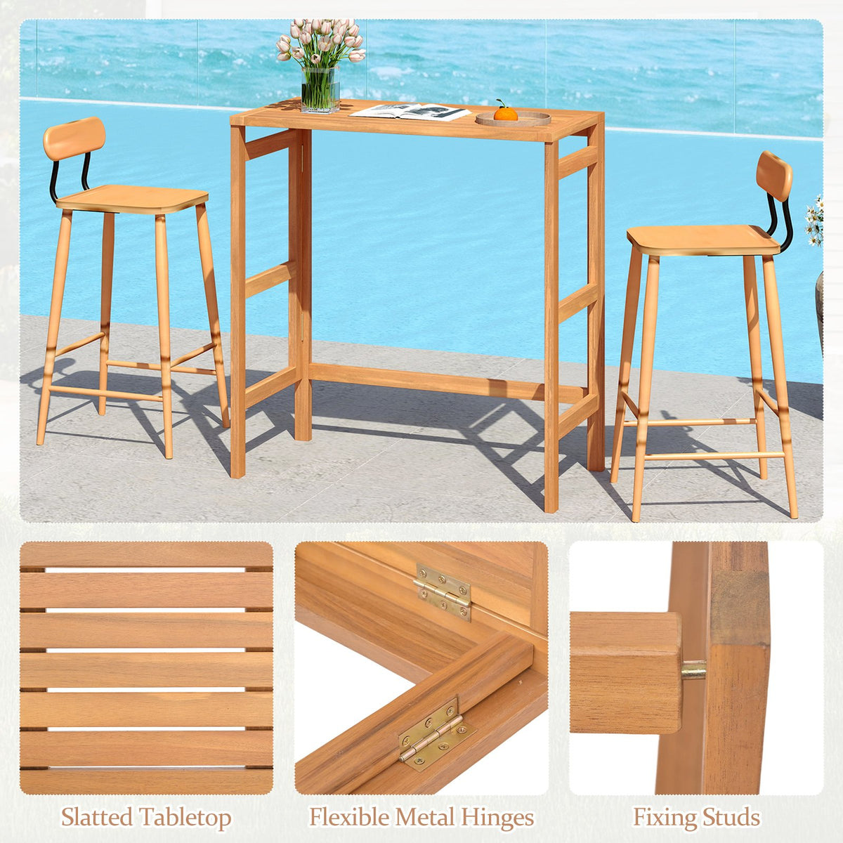 Acacia Wood Outdoor Bar Table with Slatted Tabletop for Balcony view 9