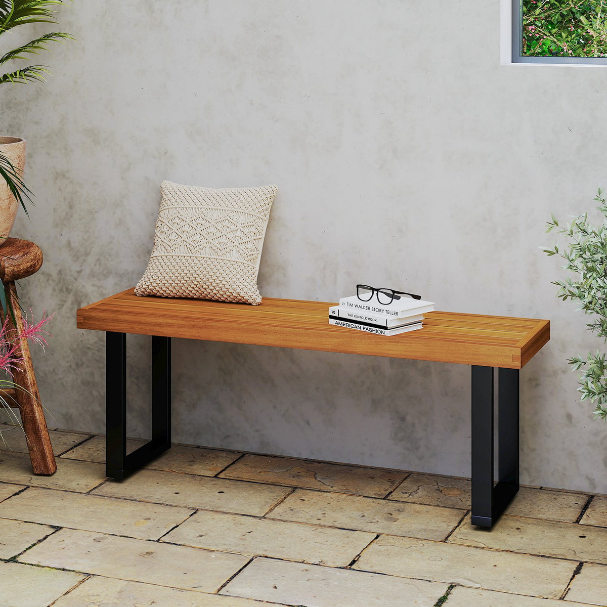 Acacia Wood Outdoor Bench 48 Inch Long Patio Dining Bench-Set of 2 view 3