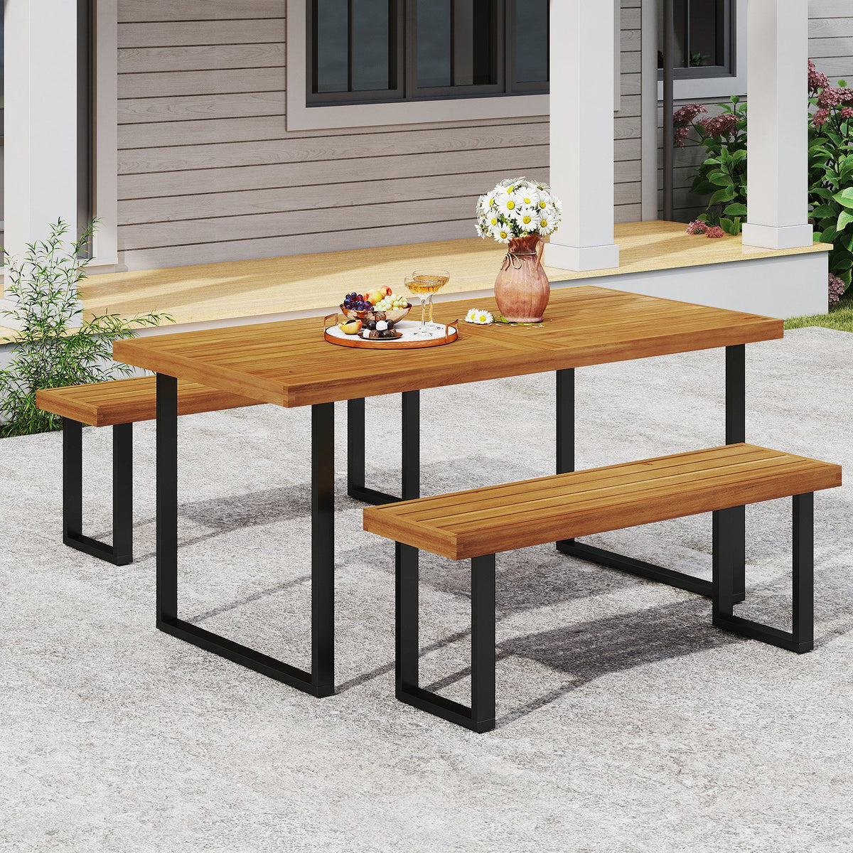 Acacia Wood Outdoor Bench 48 Inch Long Patio Dining Bench-Set of 2 view 5