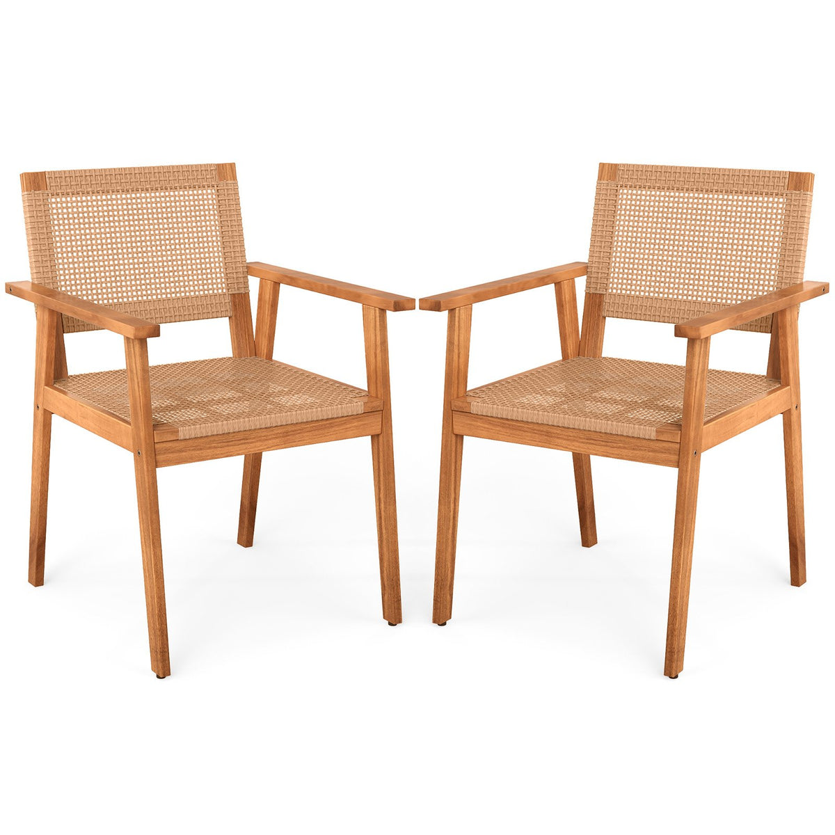 Acacia Wood Outdoor Dining Chairs Set of 2 PE Rattan Patio Chairs with Backrests and Armrests