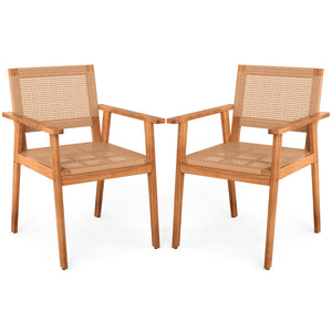 Acacia Wood Outdoor Dining Chairs Set of 2 PE Rattan Patio Chairs with Backrests and Armrests