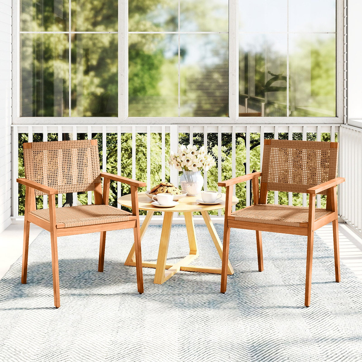 Acacia Wood Outdoor Dining Chairs Set of 2 PE Rattan Patio Chairs with Backrests and Armrests view 2