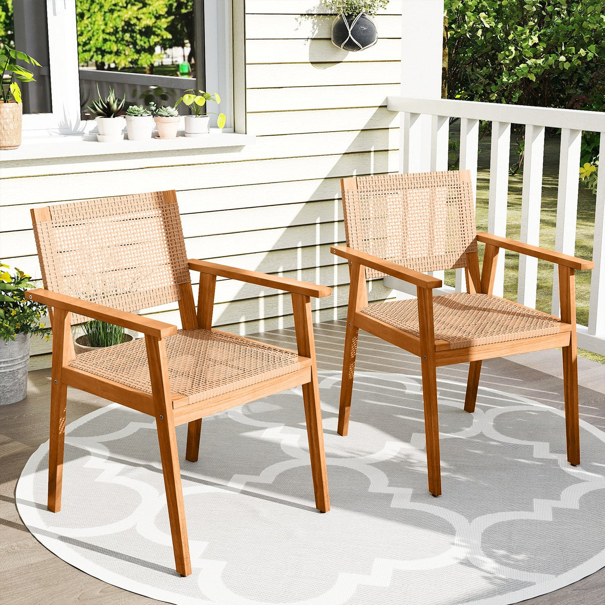 Acacia Wood Outdoor Dining Chairs Set of 2 PE Rattan Patio Chairs with Backrests and Armrests view 3
