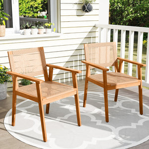 Acacia Wood Outdoor Dining Chairs Set of 2 PE Rattan Patio Chairs with Backrests and Armrests view 3