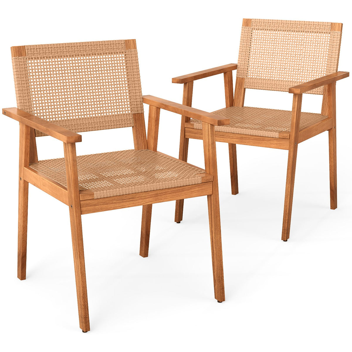 Acacia Wood Outdoor Dining Chairs Set of 2 PE Rattan Patio Chairs with Backrests and Armrests view 4