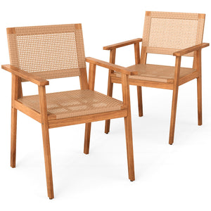 Acacia Wood Outdoor Dining Chairs Set of 2 PE Rattan Patio Chairs with Backrests and Armrests view 4