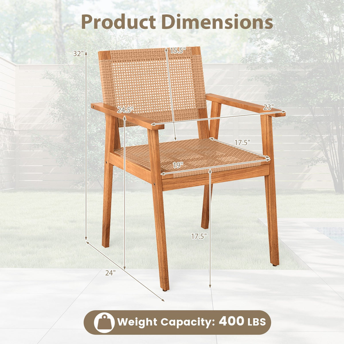 Acacia Wood Outdoor Dining Chairs Set of 2 PE Rattan Patio Chairs with Backrests and Armrests view 5