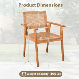 Acacia Wood Outdoor Dining Chairs Set of 2 PE Rattan Patio Chairs with Backrests and Armrests view 5