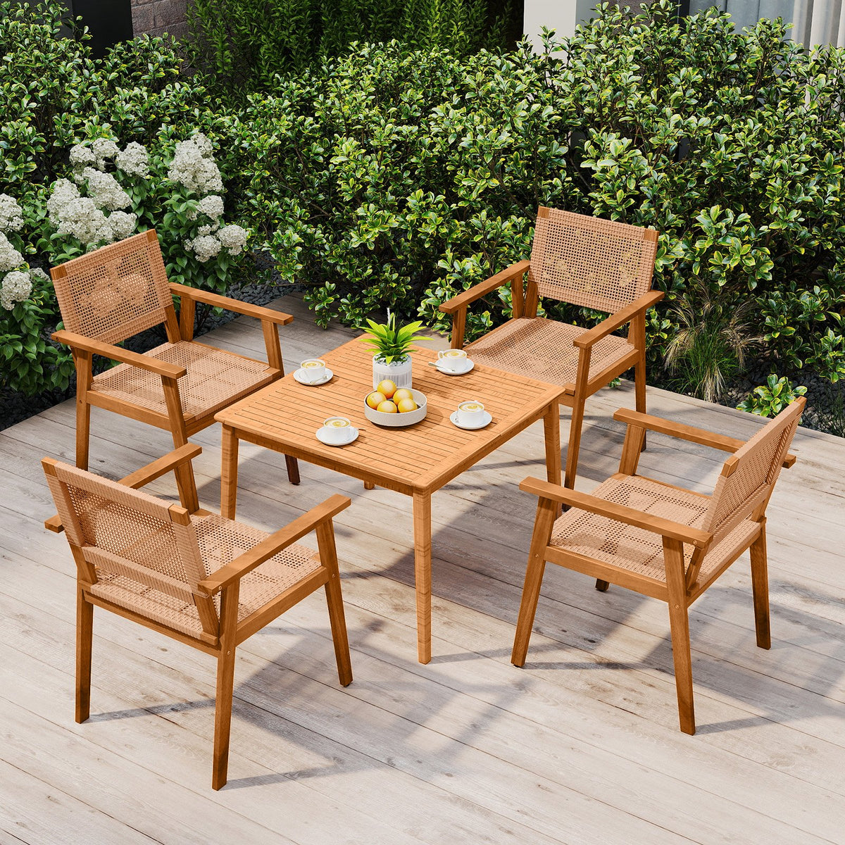 Acacia Wood Outdoor Dining Chairs Set of 2 PE Rattan Patio Chairs with Backrests and Armrests view 6