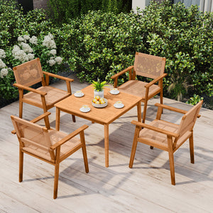 Acacia Wood Outdoor Dining Chairs Set of 2 PE Rattan Patio Chairs with Backrests and Armrests view 6