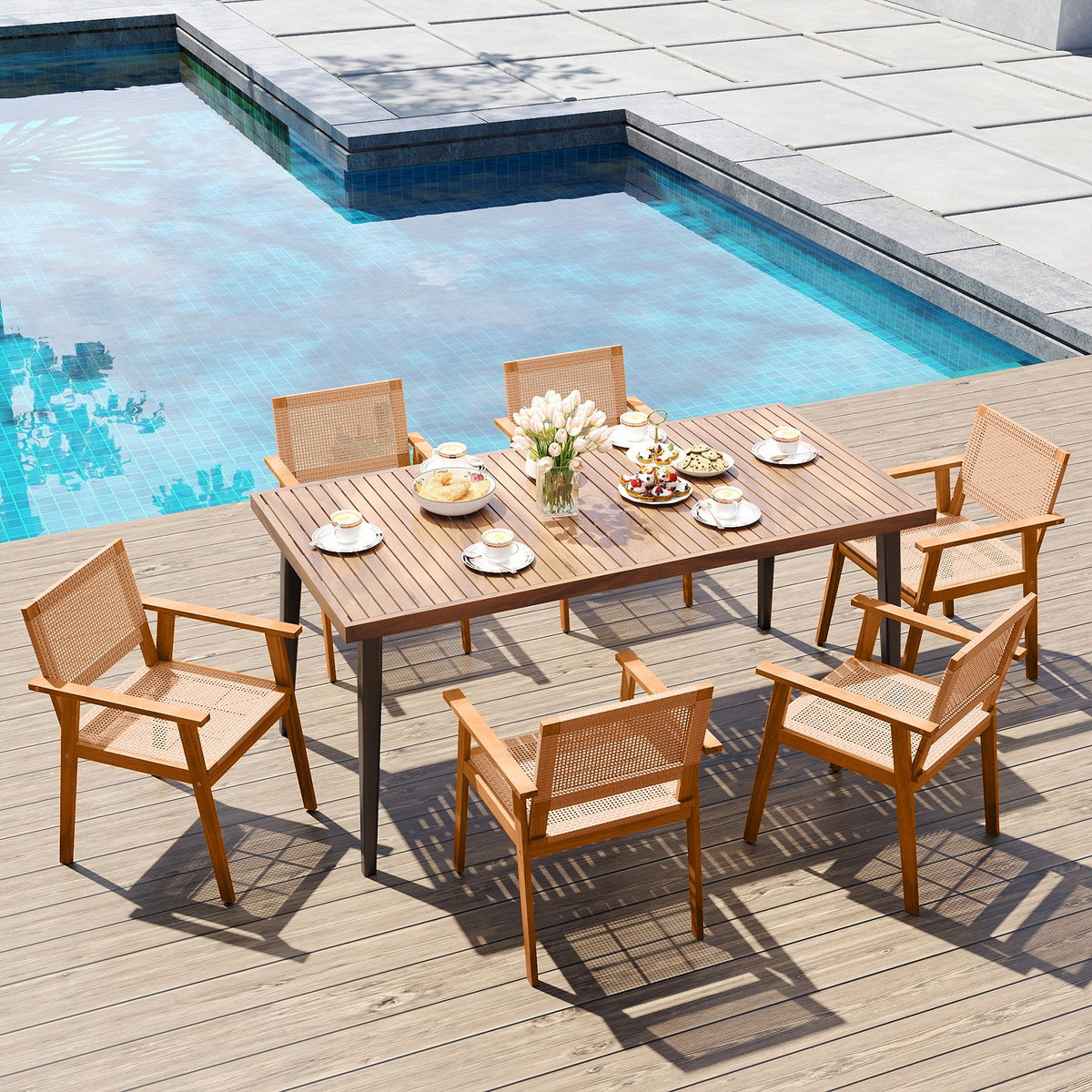 Acacia Wood Outdoor Dining Chairs Set of 2 PE Rattan Patio Chairs with Backrests and Armrests view 7