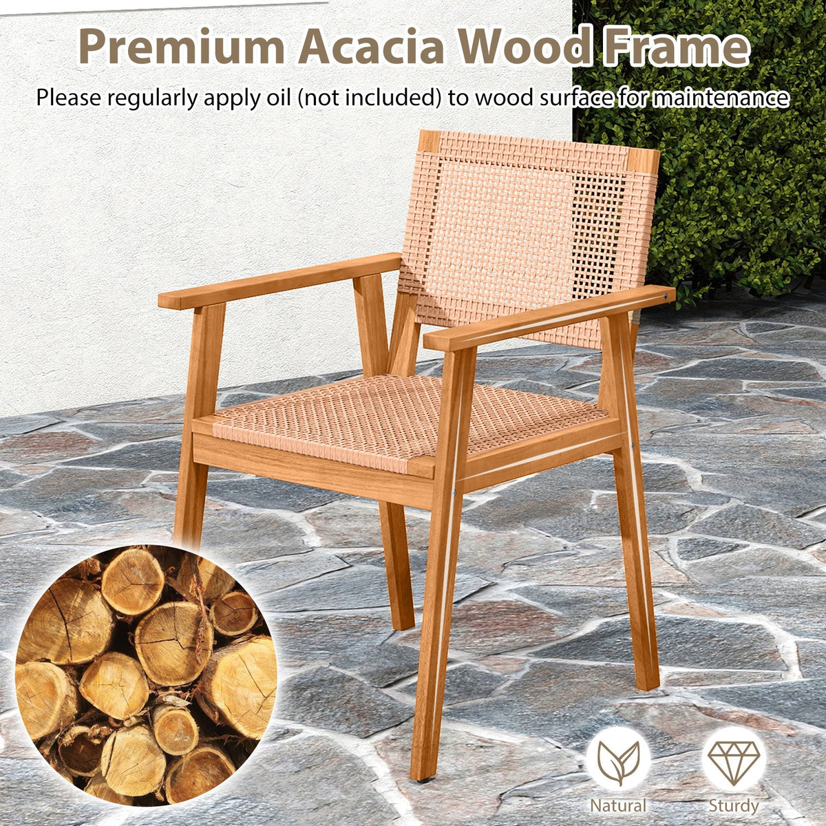 Acacia Wood Outdoor Dining Chairs Set of 2 PE Rattan Patio Chairs with Backrests and Armrests view 9