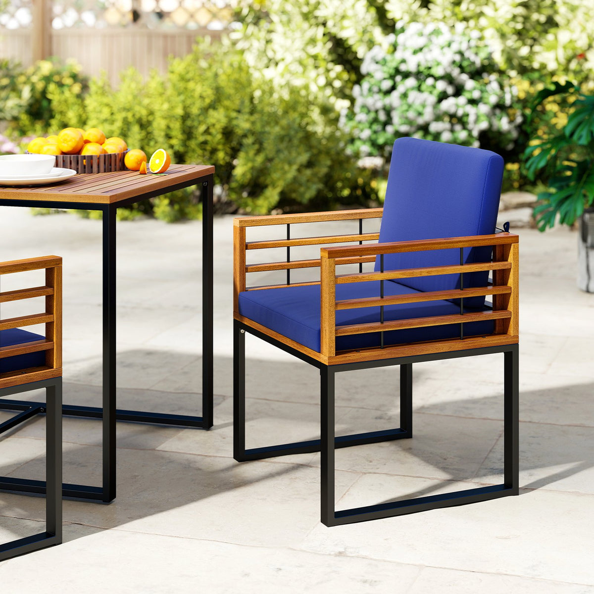 Acacia Wood Outdoor Dining Chairs Set of 2 with Soft Cushions-Navy view 2