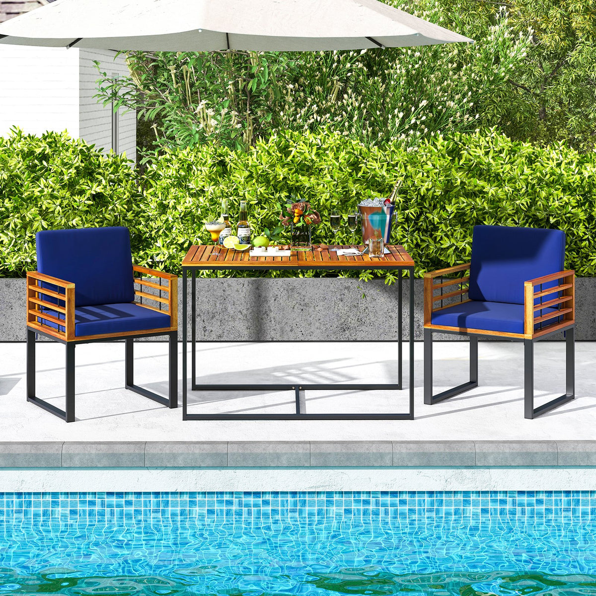 Acacia Wood Outdoor Dining Chairs Set of 2 with Soft Cushions-Navy view 5