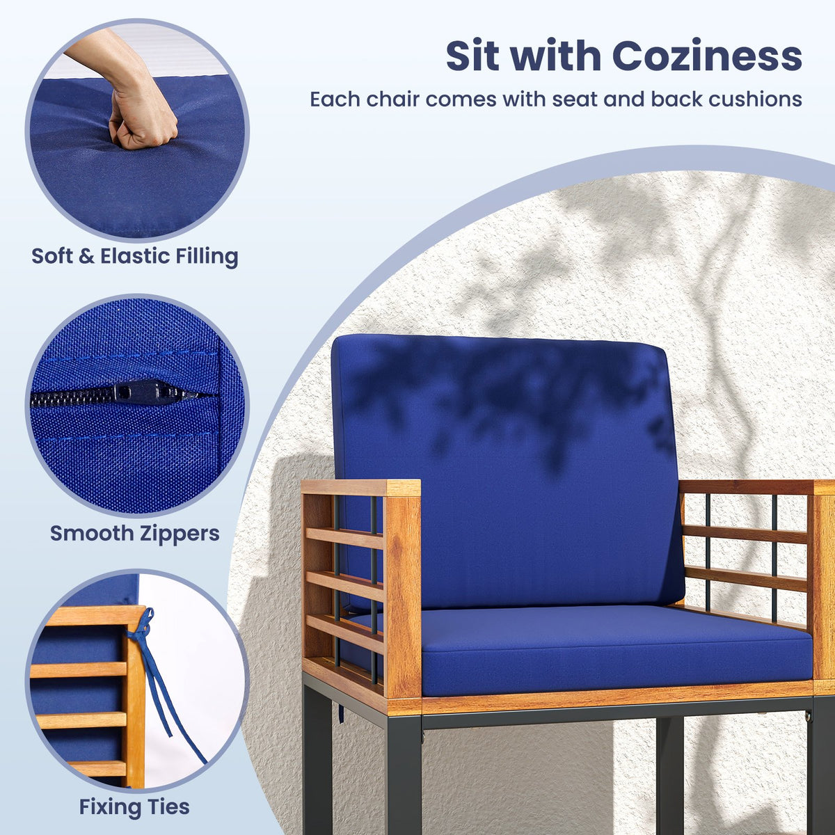 Acacia Wood Outdoor Dining Chairs Set of 2 with Soft Cushions-Navy view 6