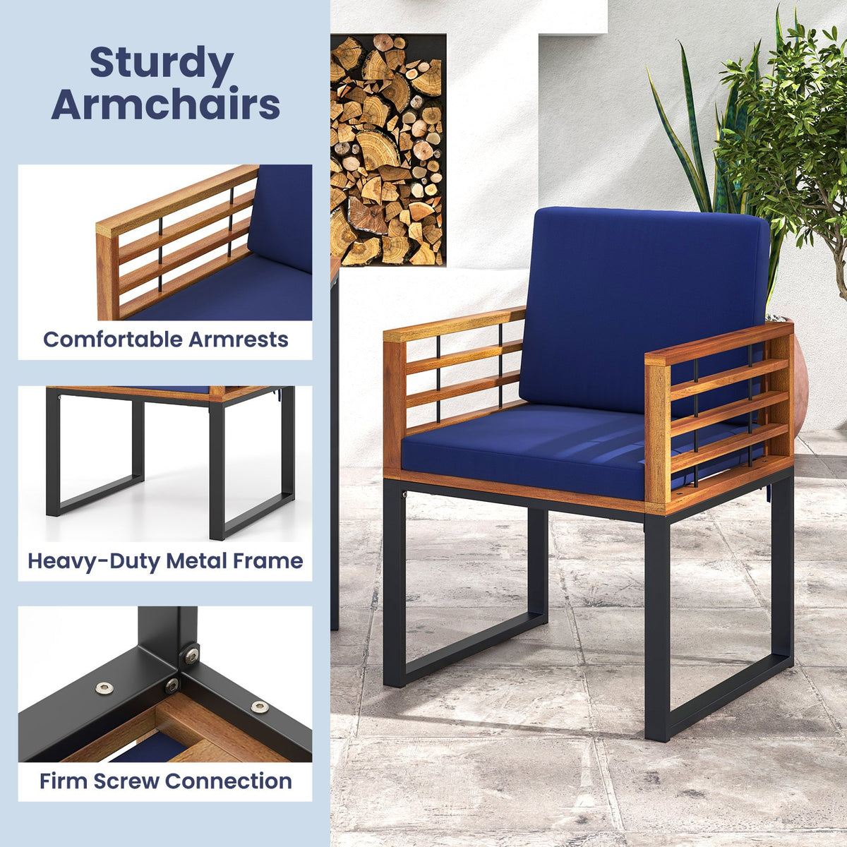 Acacia Wood Outdoor Dining Chairs Set of 2 with Soft Cushions-Navy view 8
