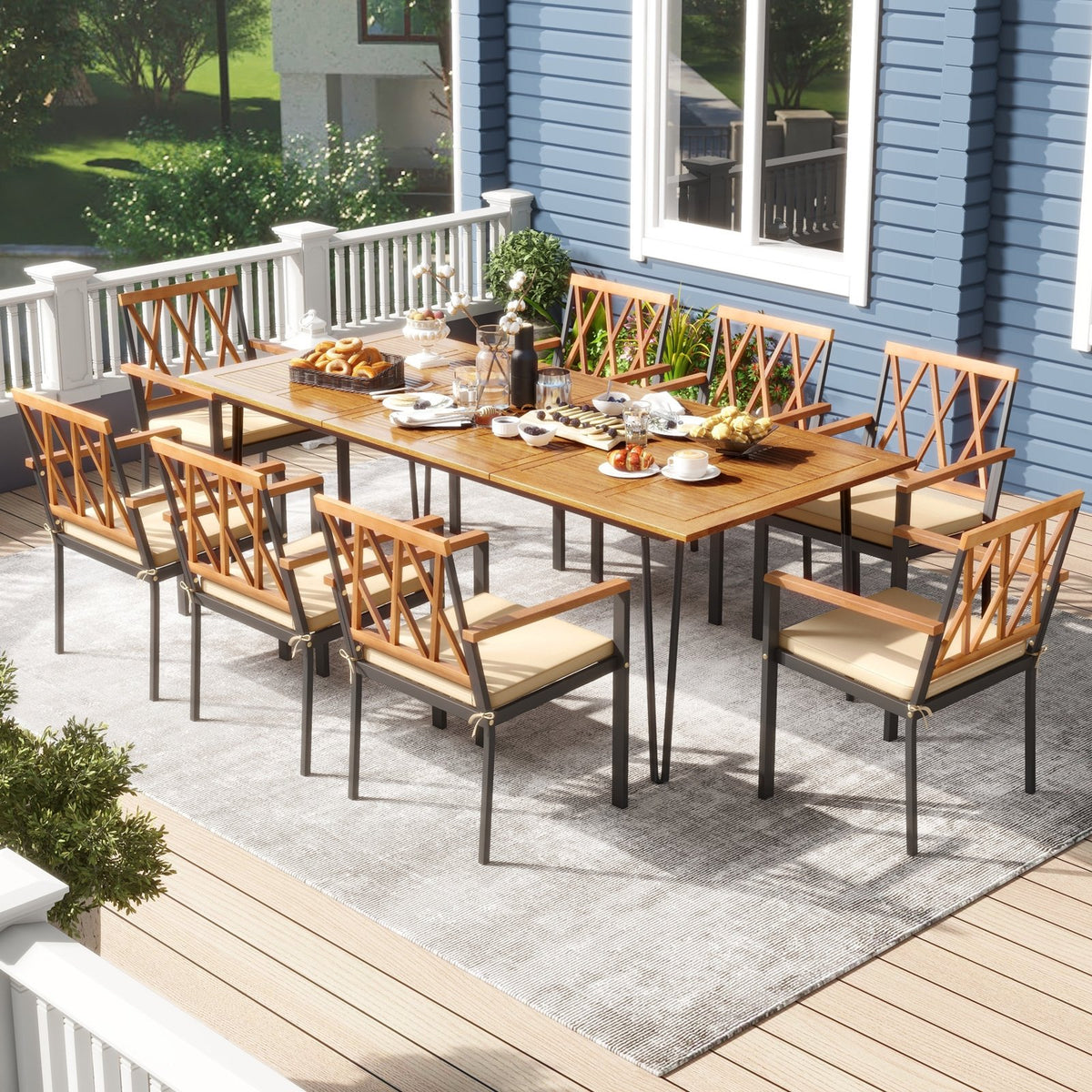 Acacia Wood Outdoor Furniture Set 9 Pieces Patio Dining Set with 8 Chairs view 2