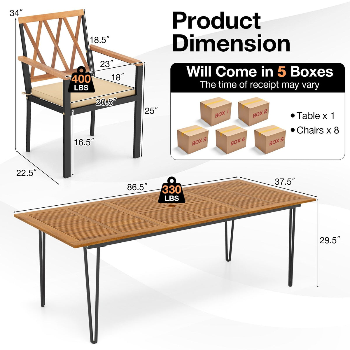 Acacia Wood Outdoor Furniture Set 9 Pieces Patio Dining Set with 8 Chairs view 5