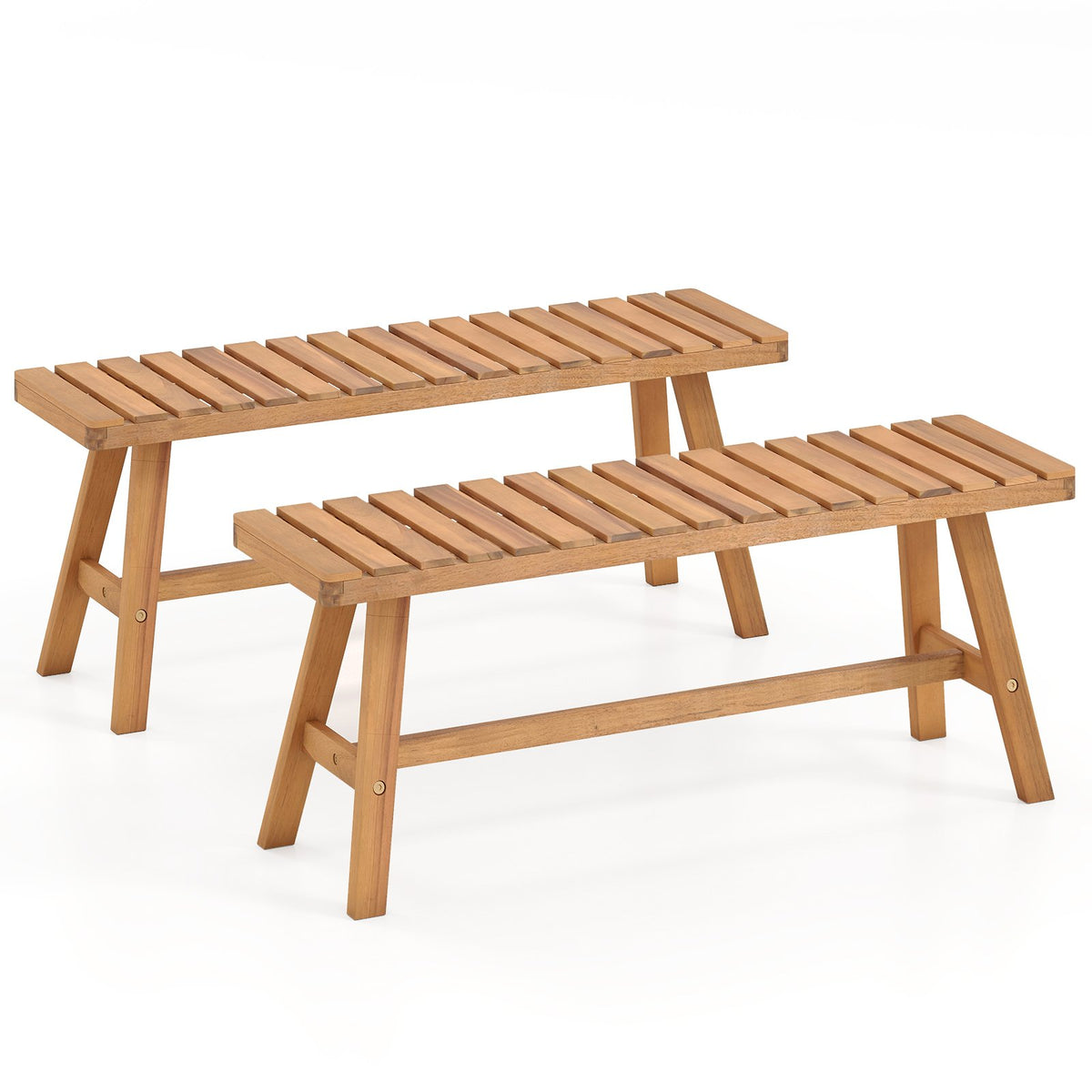 Acacia Wood Outdoor Garden Bench Set of 1/2 with Slatted Seat and 800 lbs Capacity-Set of 2
