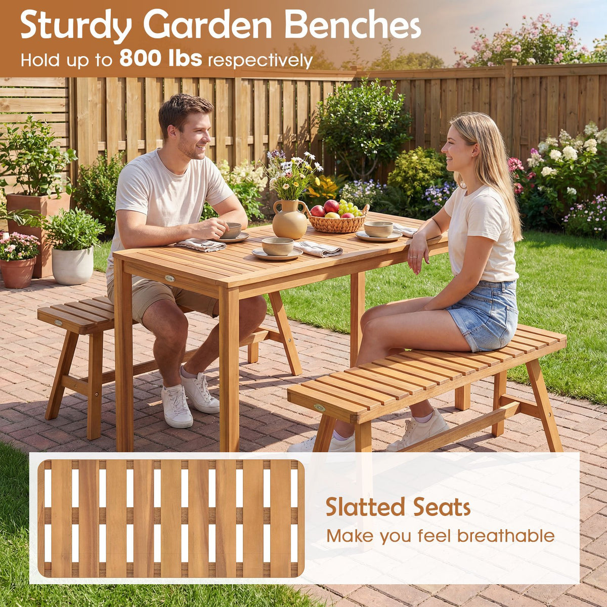Acacia Wood Outdoor Garden Bench Set of 1/2 with Slatted Seat and 800 lbs Capacity-Set of 2 view 5