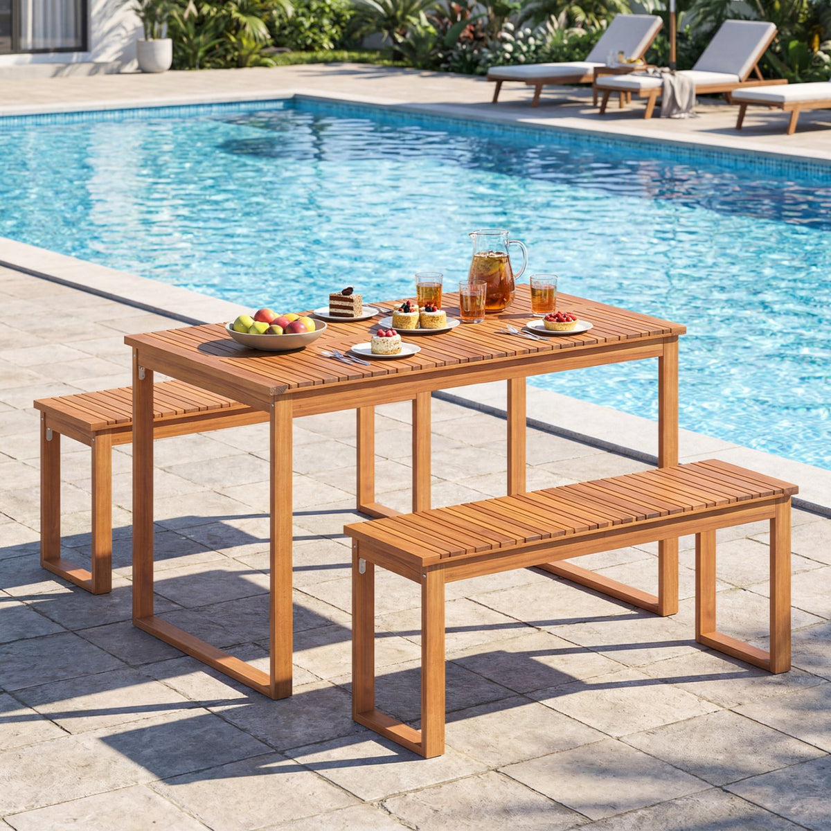 Acacia Wood Outdoor Garden Bench Set of 1/2 with Slatted Seat for Front Porch-Set of 2 view 3