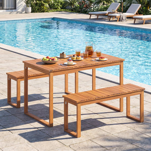 Acacia Wood Outdoor Garden Bench Set of 1/2 with Slatted Seat for Front Porch-Set of 2 view 3
