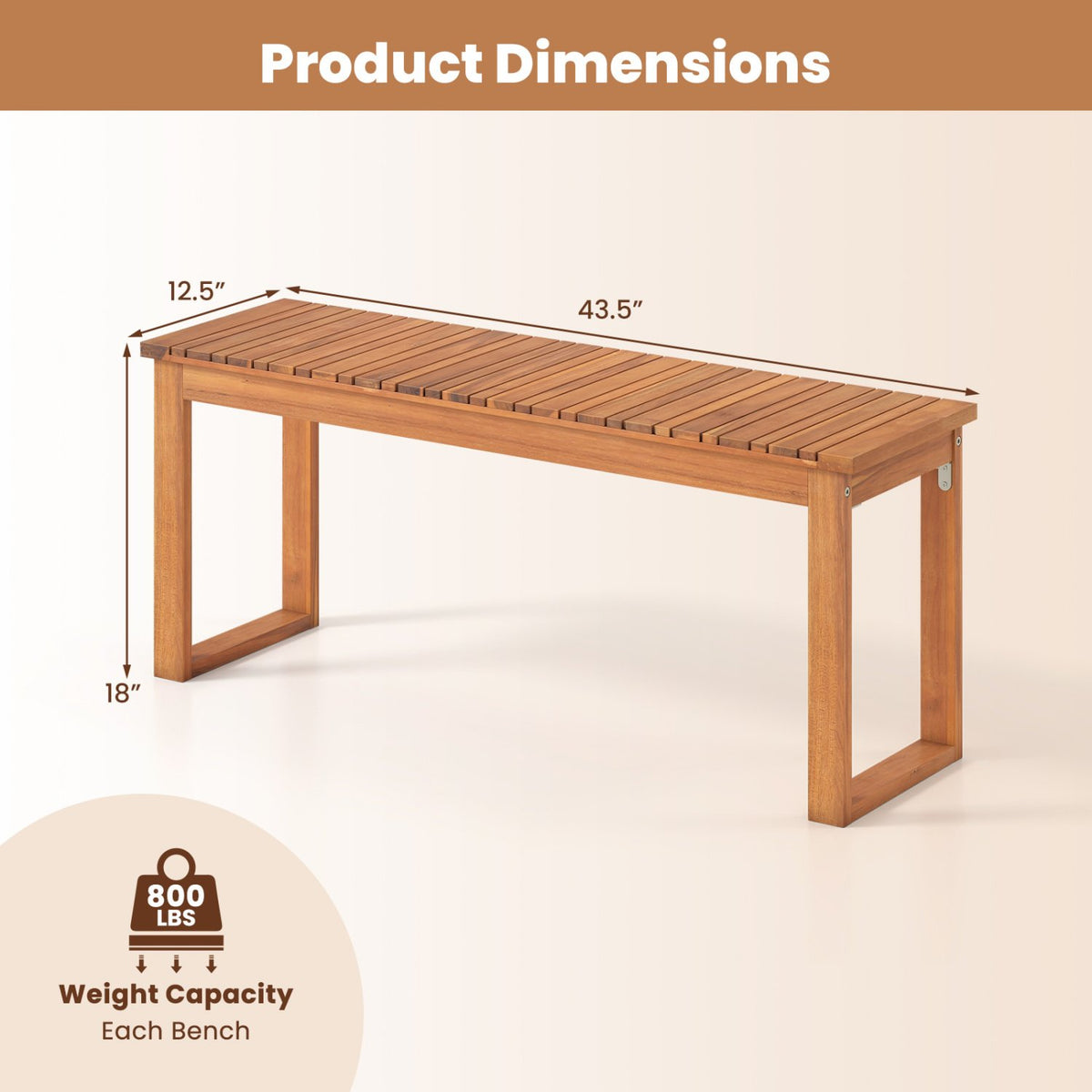 Acacia Wood Outdoor Garden Bench Set of 1/2 with Slatted Seat for Front Porch-Set of 2 view 4