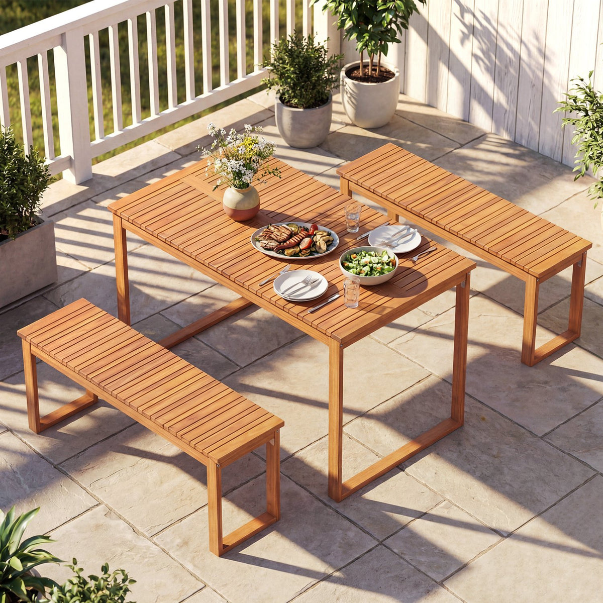 Acacia Wood Outdoor Garden Bench Set of 1/2 with Slatted Seat for Front Porch-Set of 2 view 5