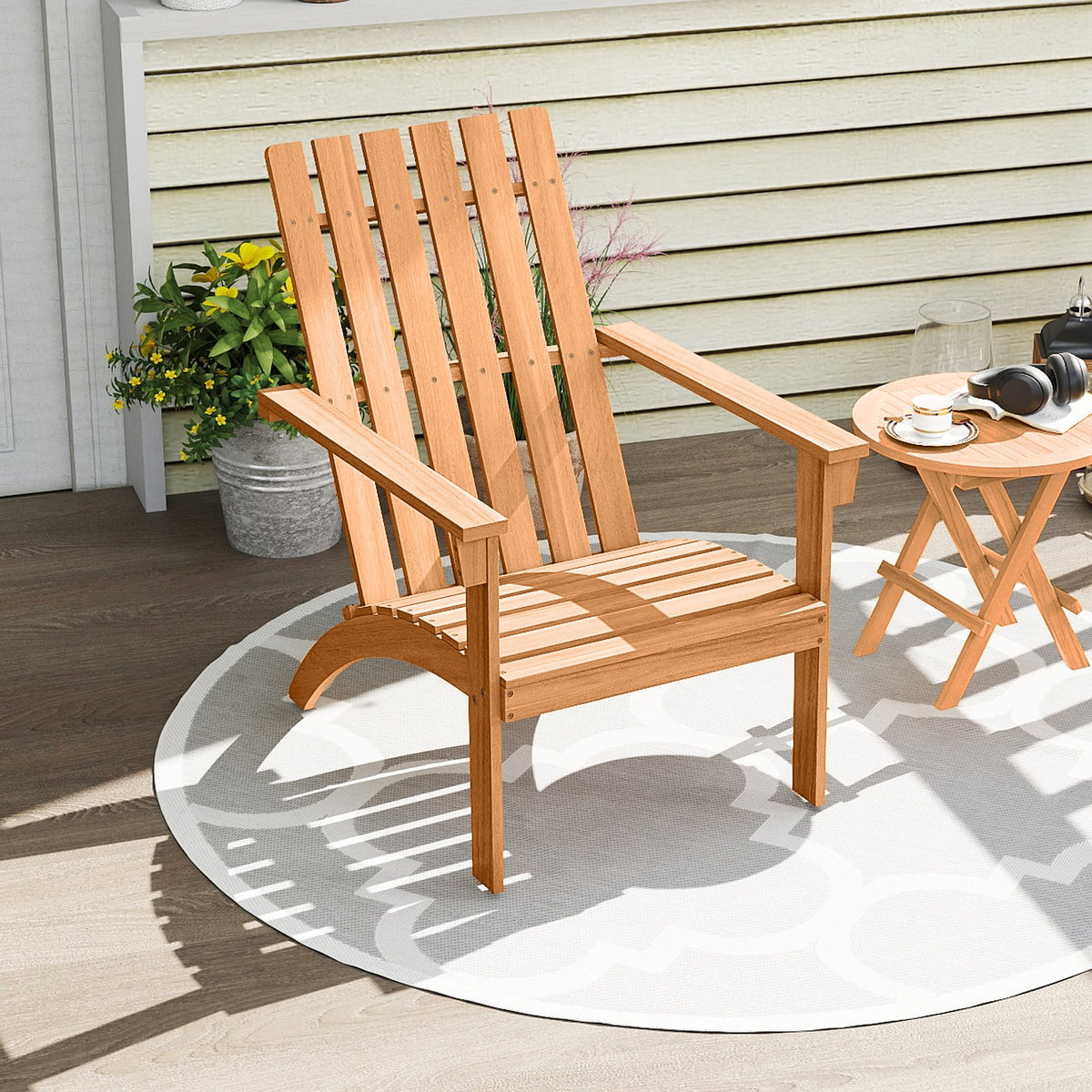 Acacia Wood Patio Adirondack Chair with Inclined Seat and High Backrest for Porch-Natural