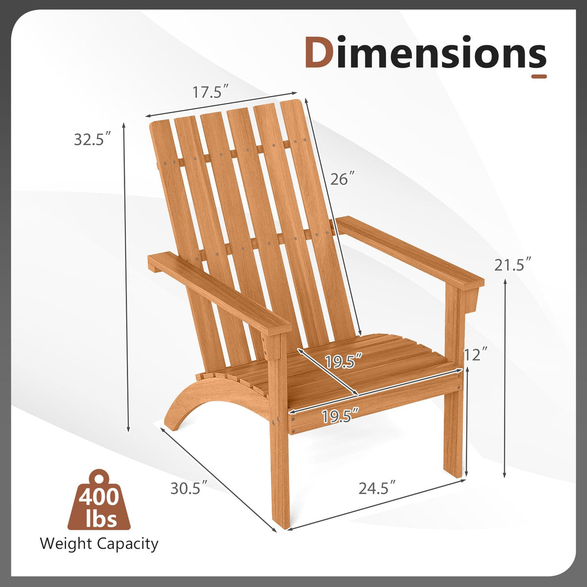 Acacia Wood Patio Adirondack Chair with Inclined Seat and High Backrest for Porch-Natural view 4