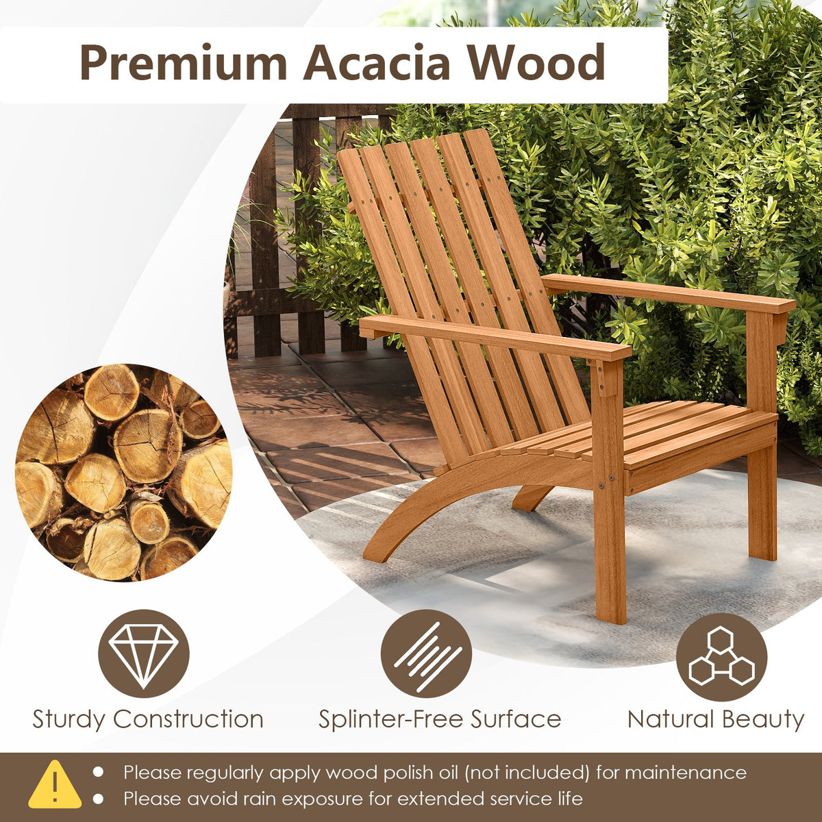 Acacia Wood Patio Adirondack Chair with Inclined Seat and High Backrest for Porch-Natural view 6