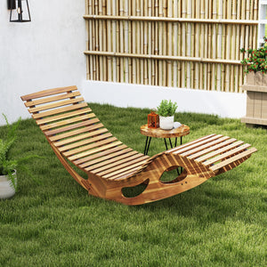Acacia Wood Patio Rocking Sun Lounger Chaise Lounge with Ergonomic Curved Seat view 2