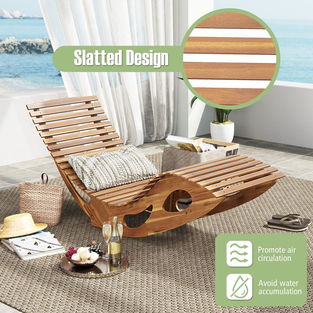 Acacia Wood Patio Rocking Sun Lounger Chaise Lounge with Ergonomic Curved Seat view 8