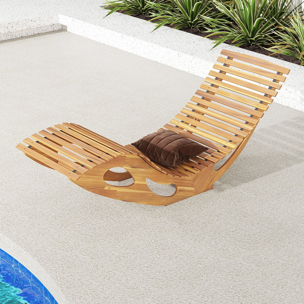 Acacia Wood Patio Rocking Sun Lounger Chaise Lounge with Ergonomic Curved Seat view 9
