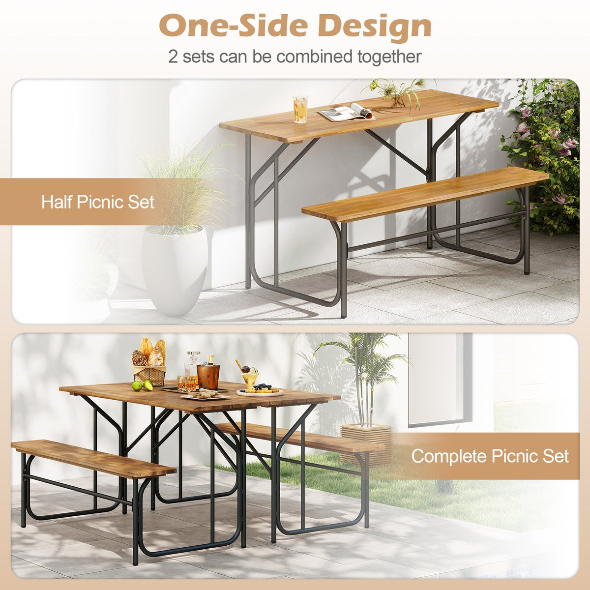 Acacia Wood Patio Table Bench for 2 People One-Side Picnic Table view 7