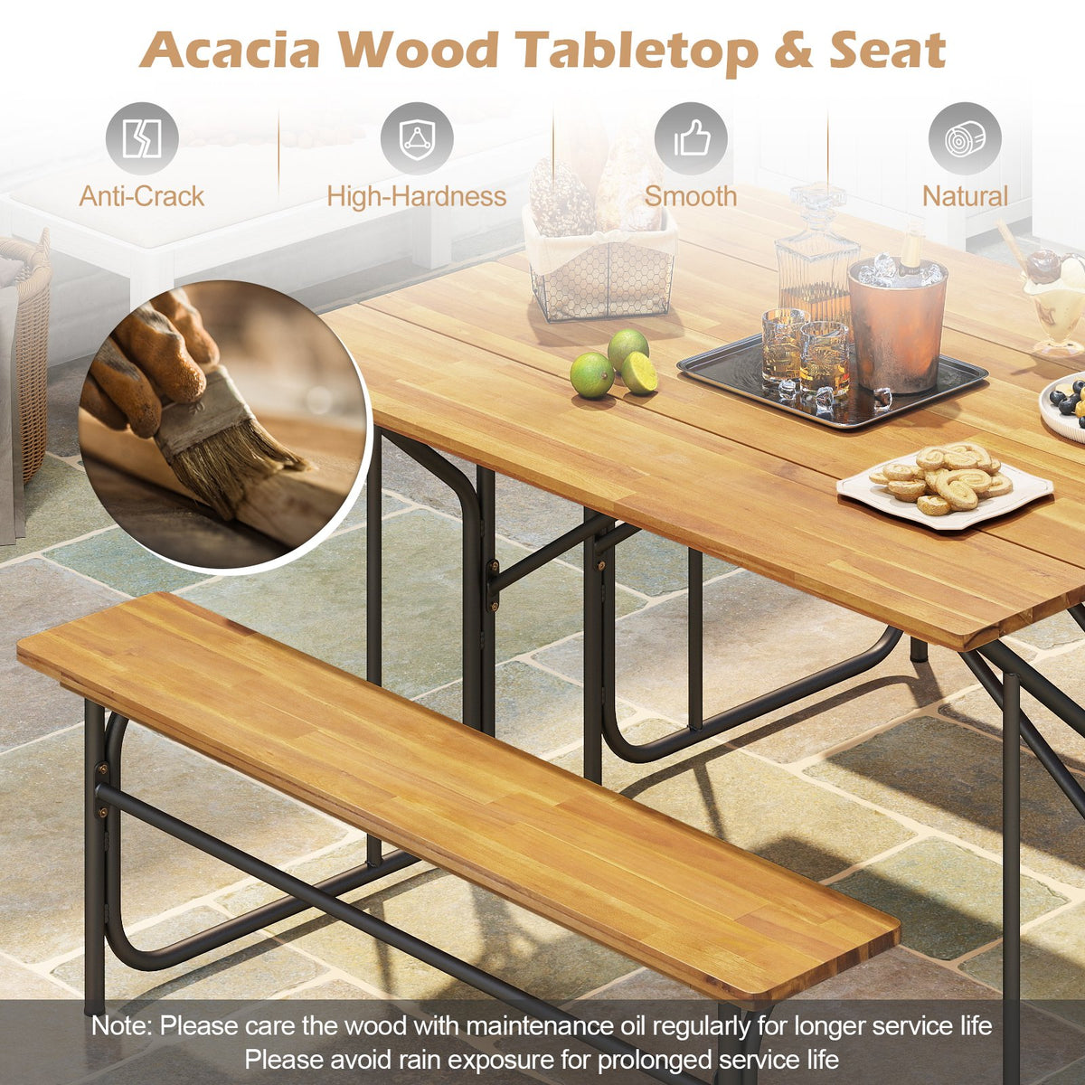 Acacia Wood Patio Table Bench for 2 People One-Side Picnic Table view 8