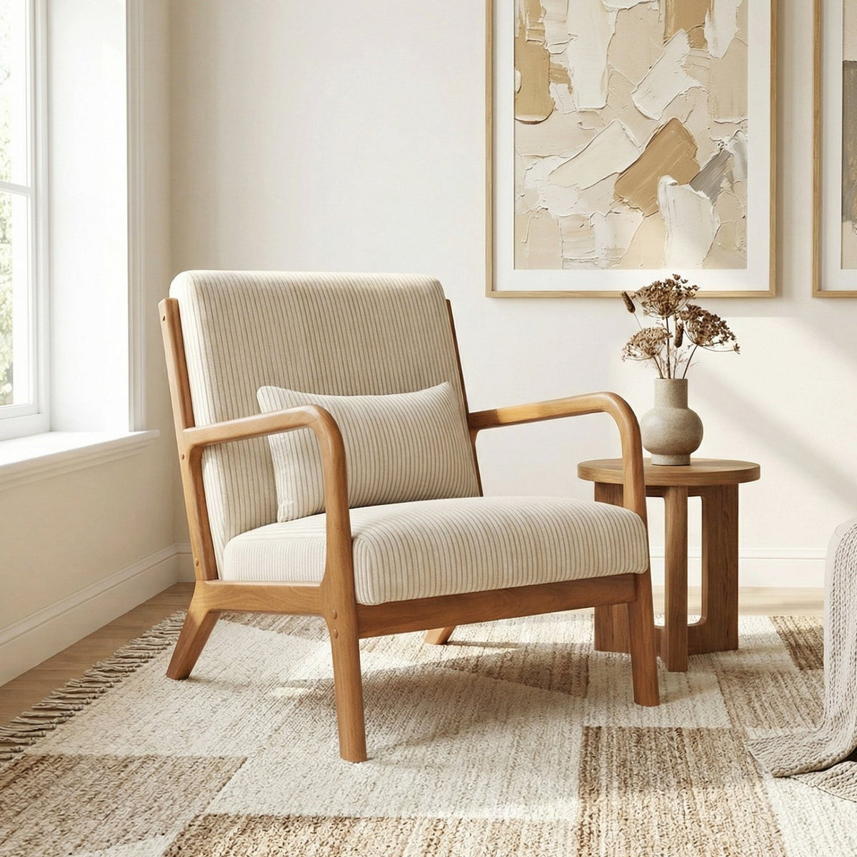 Accent Chair Corduroy Upholstered Lounge Chair with Lumbar Pillow-Beige view 2