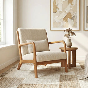 Accent Chair Corduroy Upholstered Lounge Chair with Lumbar Pillow-Beige view 2